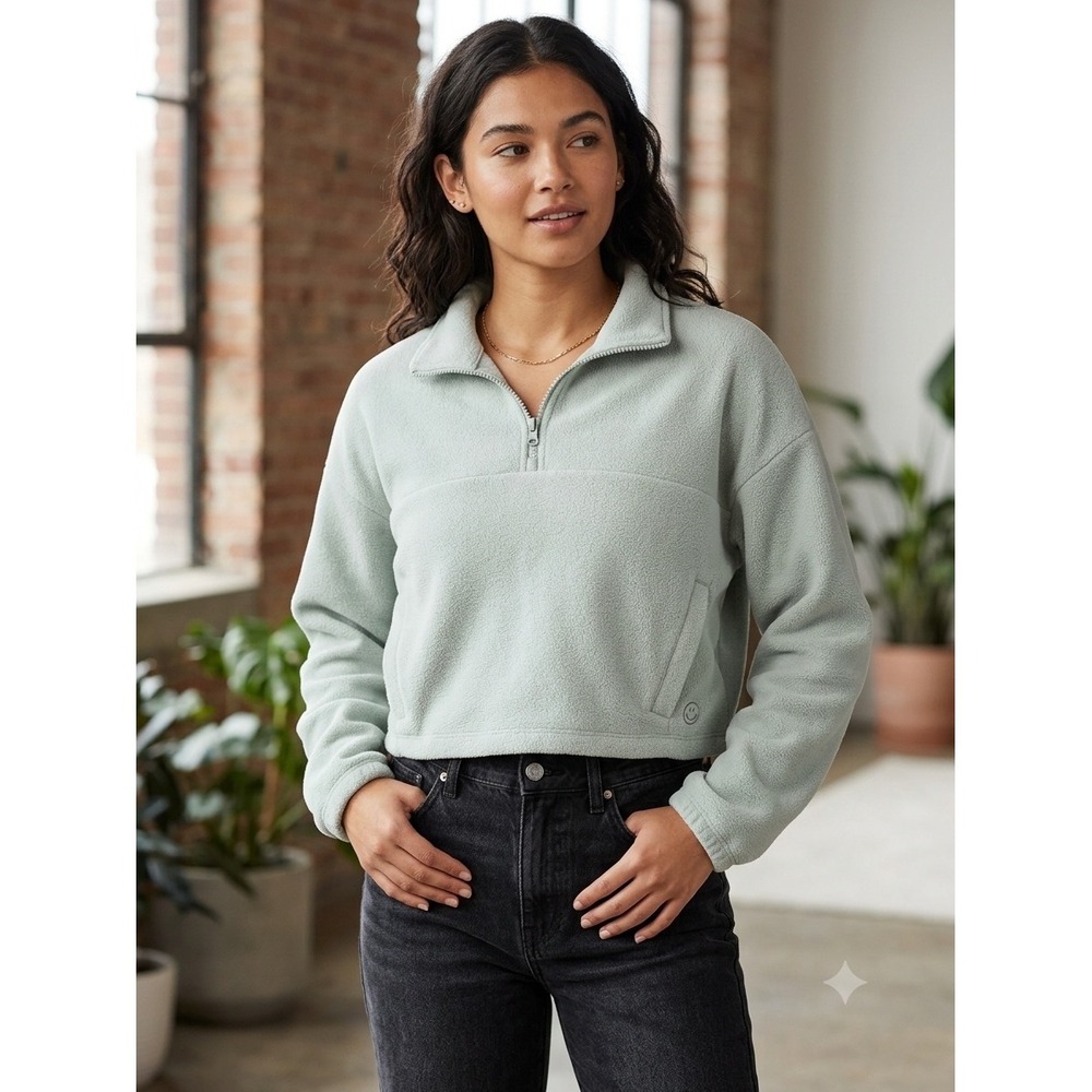 Gilly Hicks Sage Green Quarter Zip Fleece Cropped Pullover Sweatshirt Small